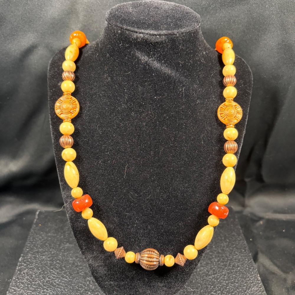 Vintage Genuine Lucite Beaded Necklace Butterscotch Yellow Orange Copper Boho